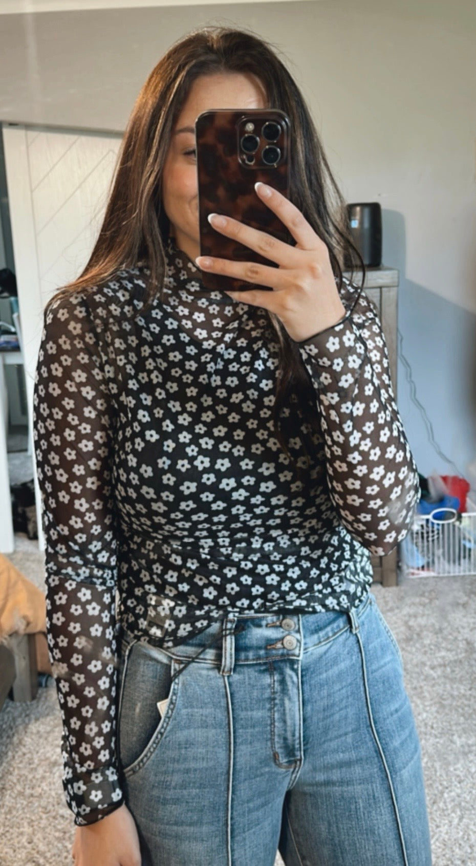 Floral Mesh Mock Neck Top- Black