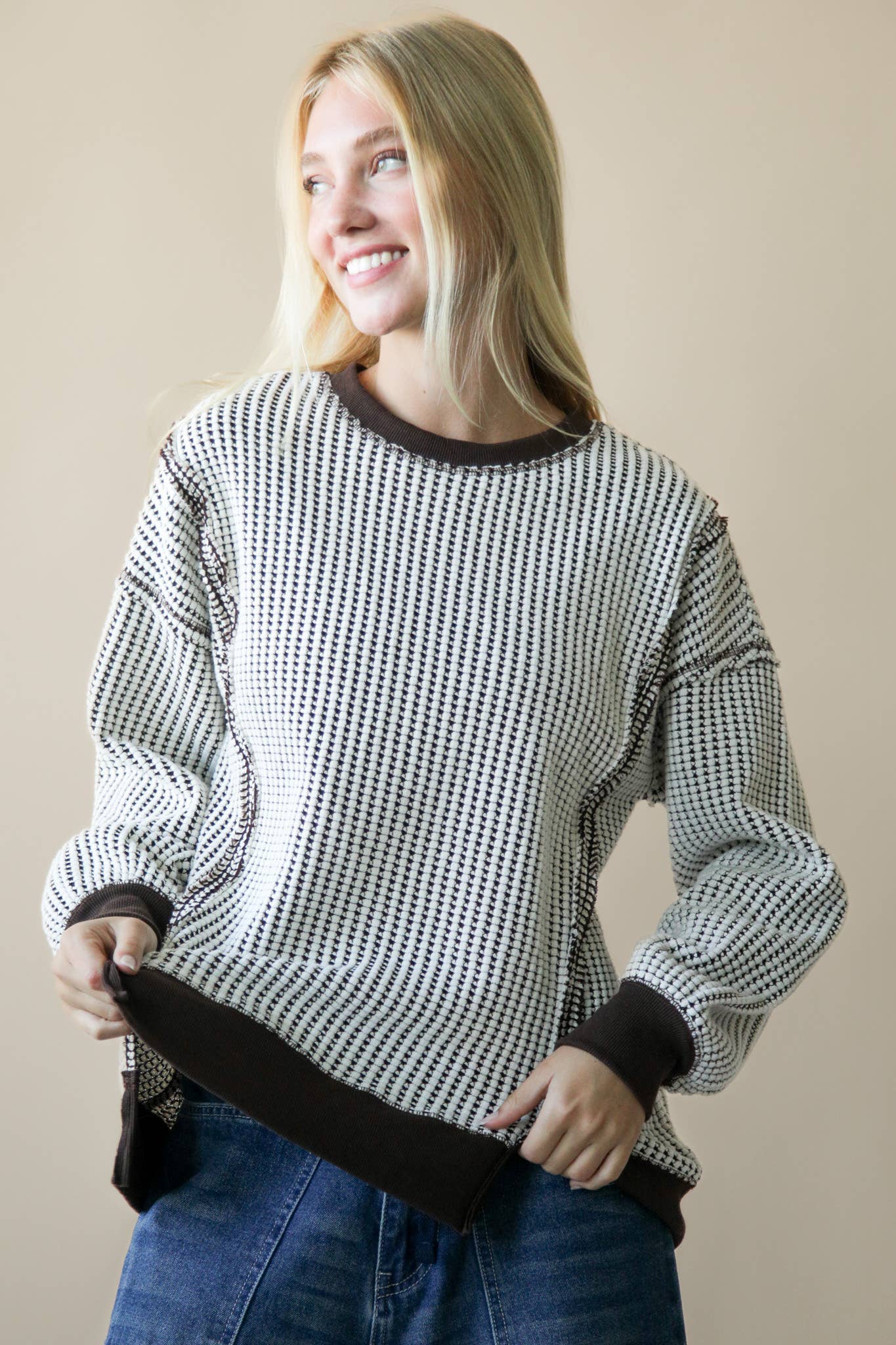 Oversized Waffle Knit Casual Top: Chocolate