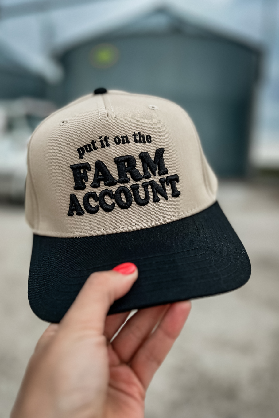 Put It On The Farm Account Trucker Hat in Black/Tan
