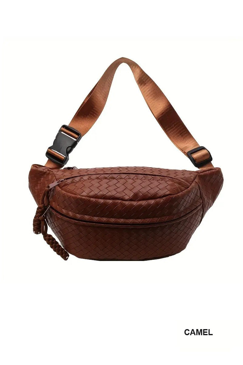 Leather Woven Crossbody Bum Bag- Camel