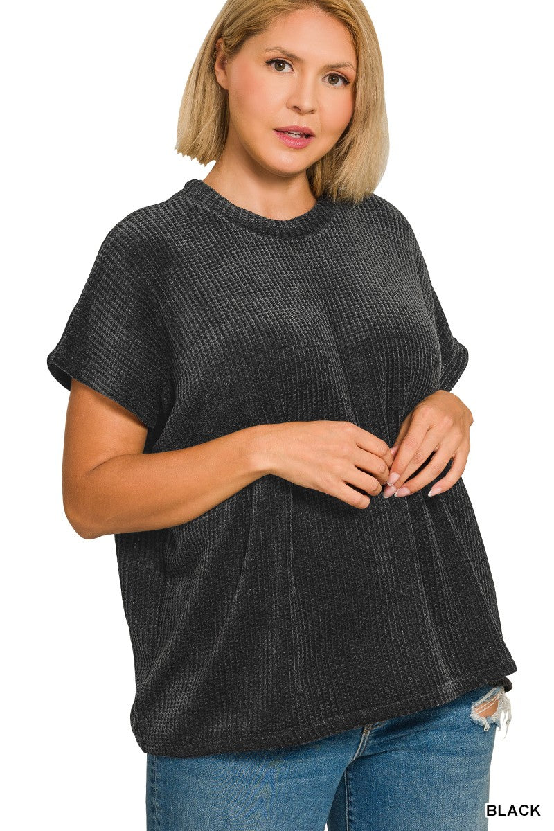 Plus Size Black Chenille Waffle Sweater