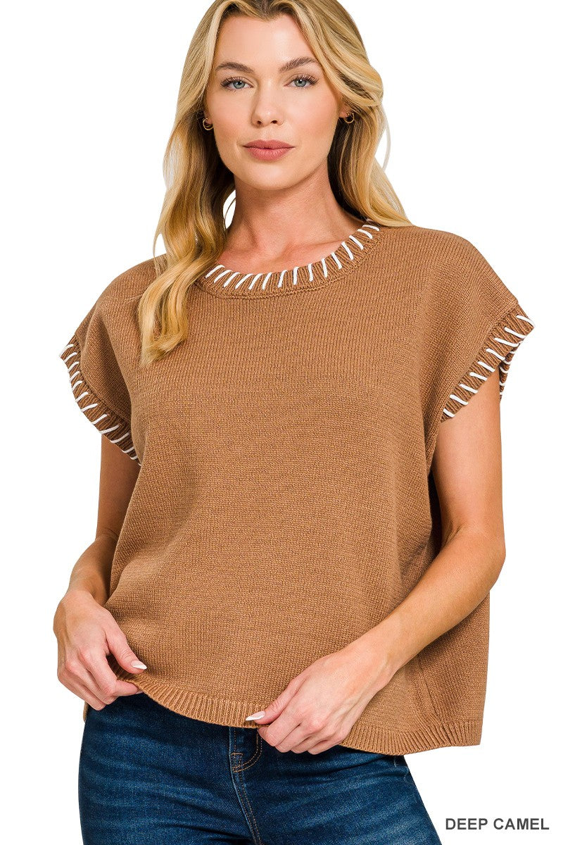 Deep Camel Contrast Stitch Sweater Vest