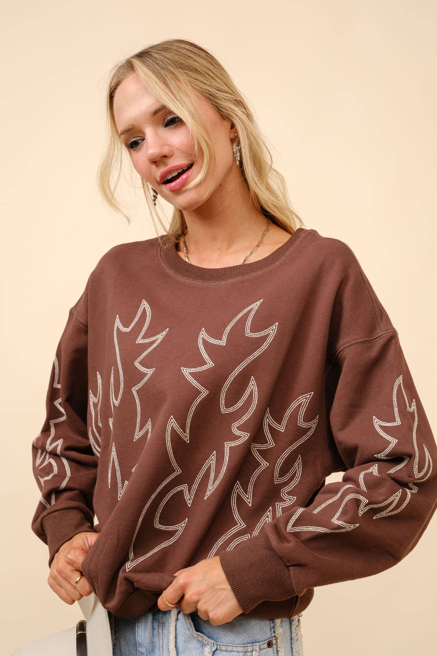 Western Boots Stitch Pullover Sweatshirt: Brown