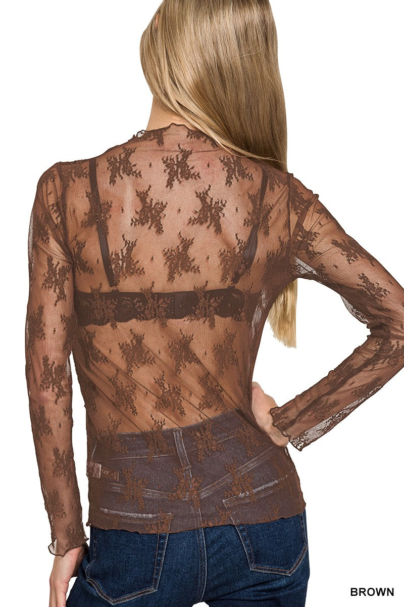 Lace See-Through Layer Top - Brown