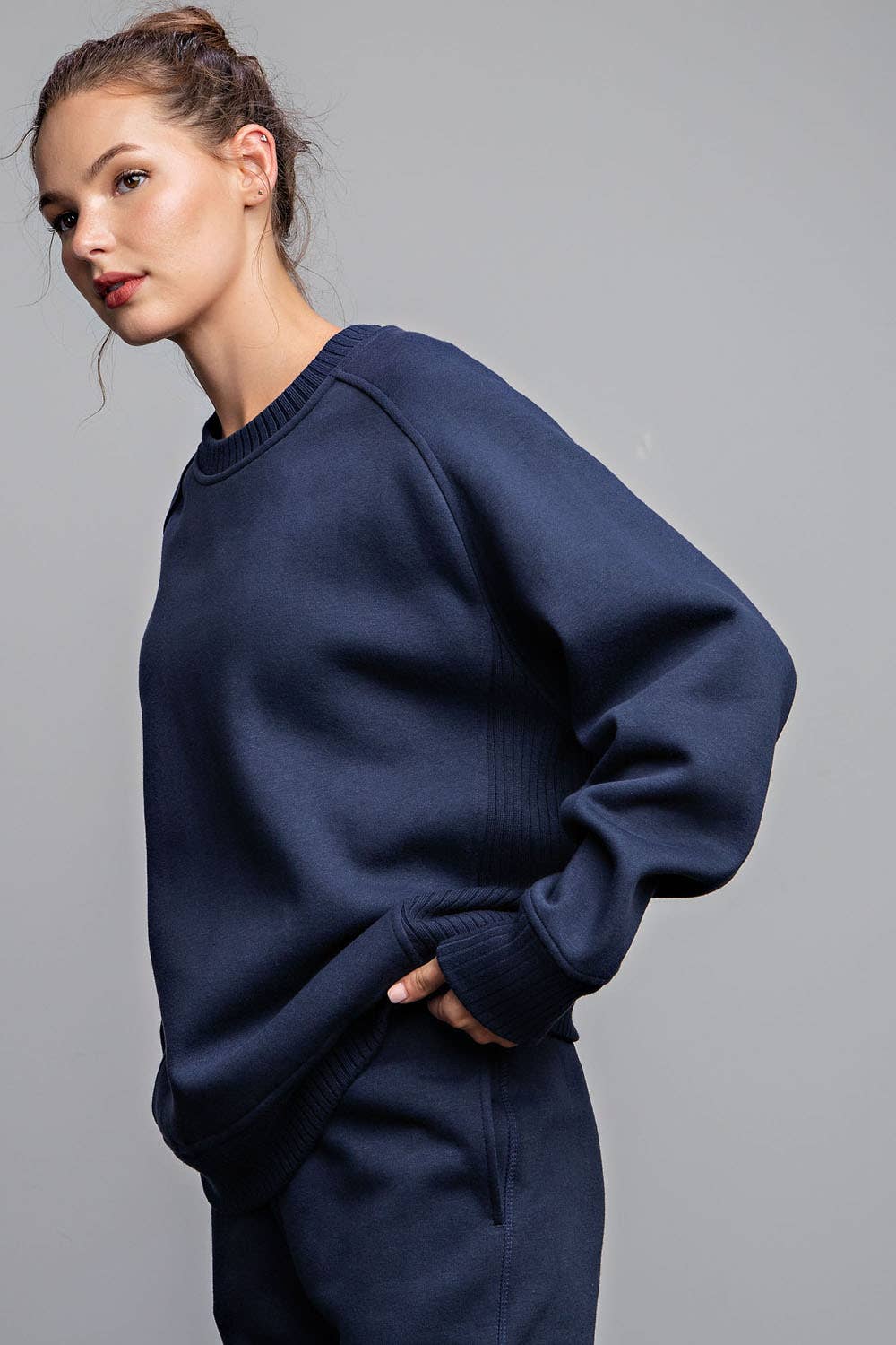 Ribbed French Terry Crewneck- Navy