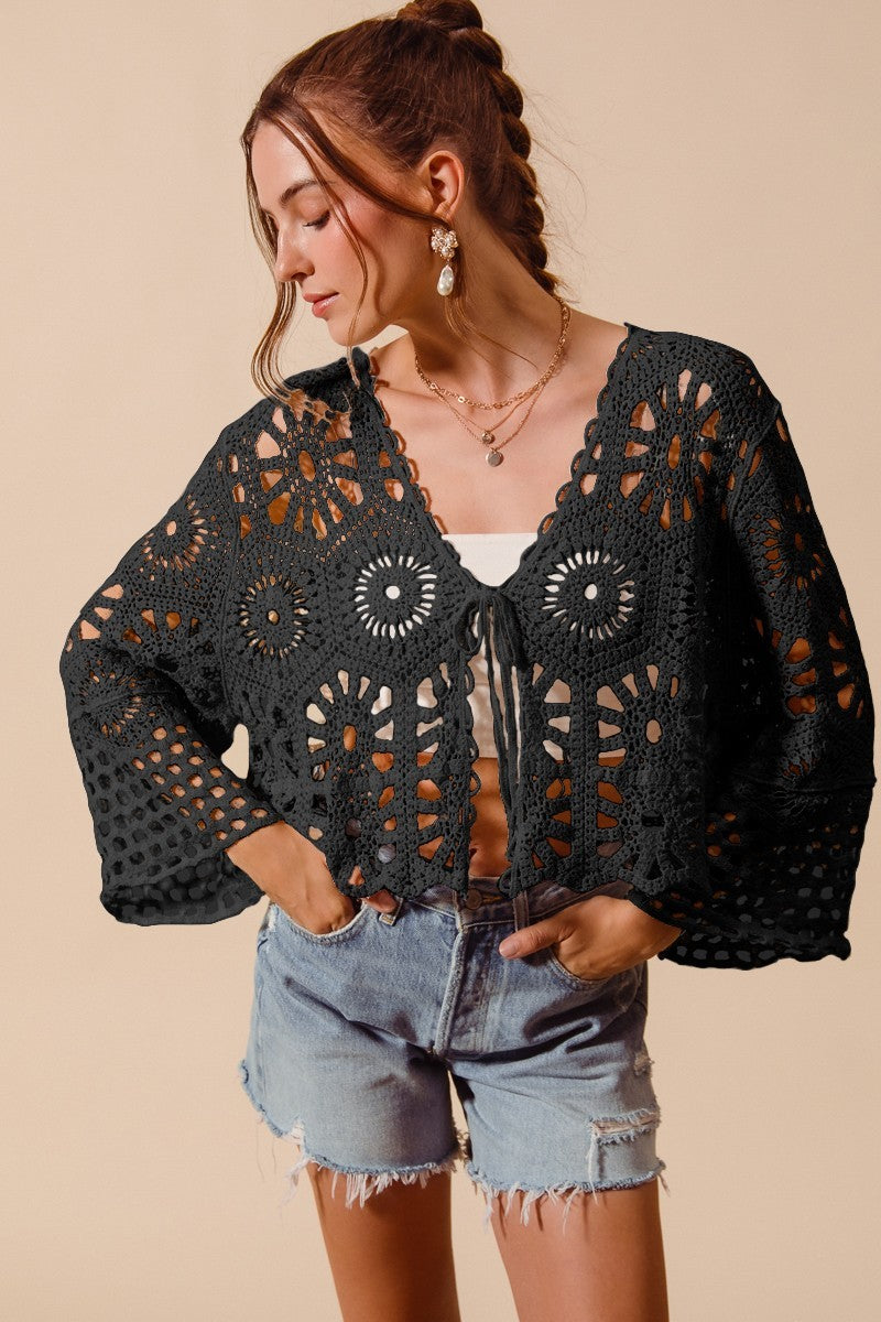 Floral Pattern Crochet Knit Cardigan-Black