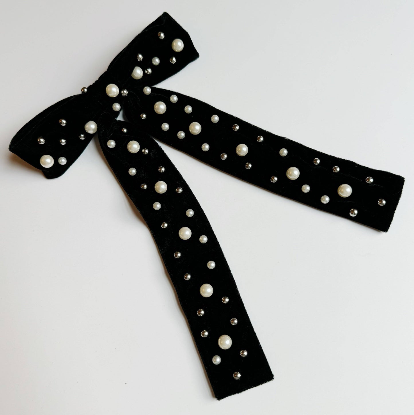 Pearl Throwed Velvet Bow Hair Clip: Forest Green