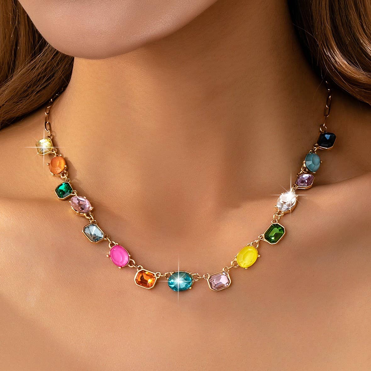 Rainbow Gemstone Paperclip Necklace