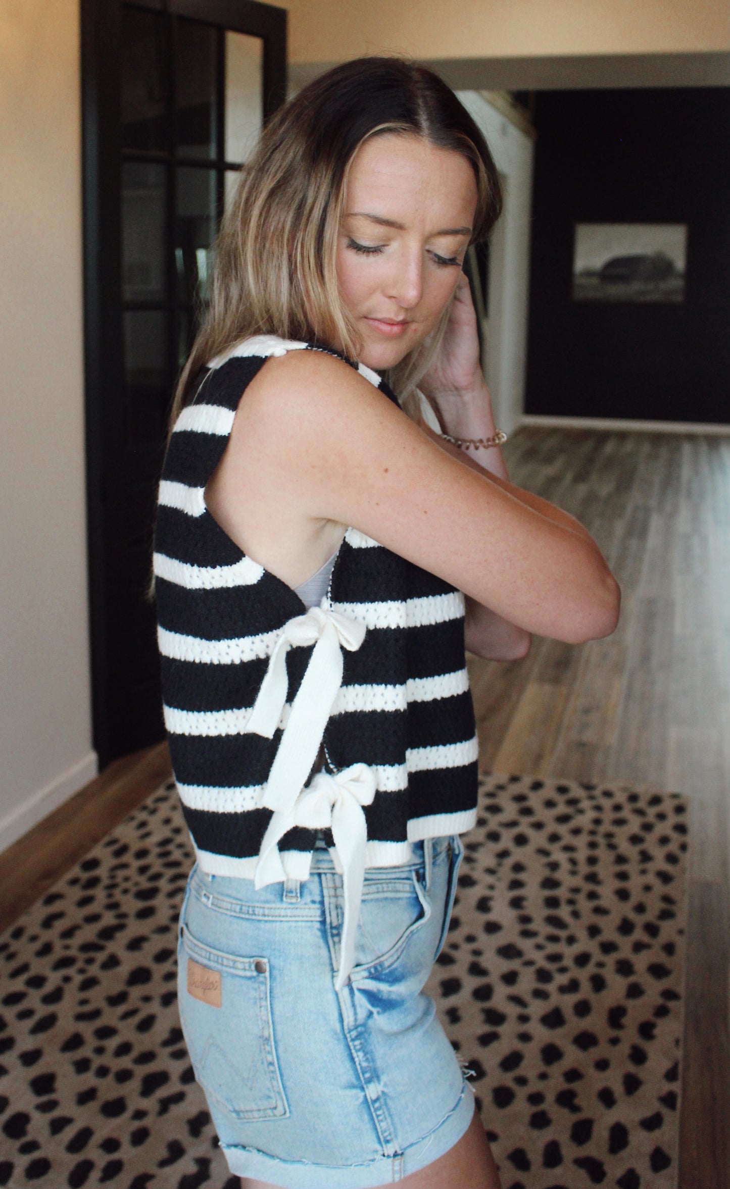 Textured Stripe Side Tied Vest Top (Black)