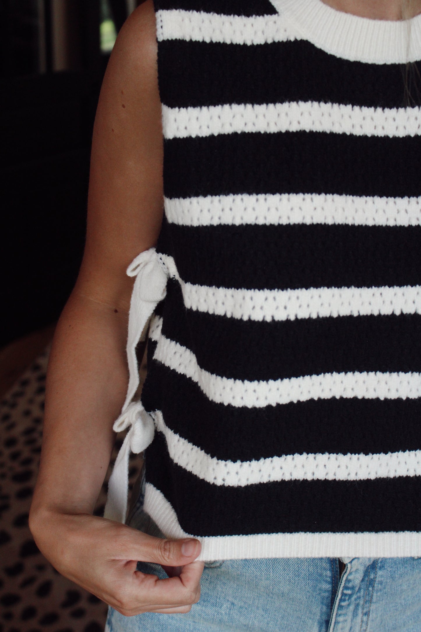 Textured Stripe Side Tied Vest Top (Black)