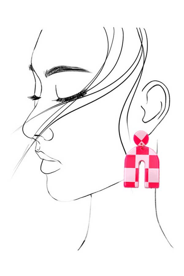 Acrylic Checker Earrings : Hot Pink/White