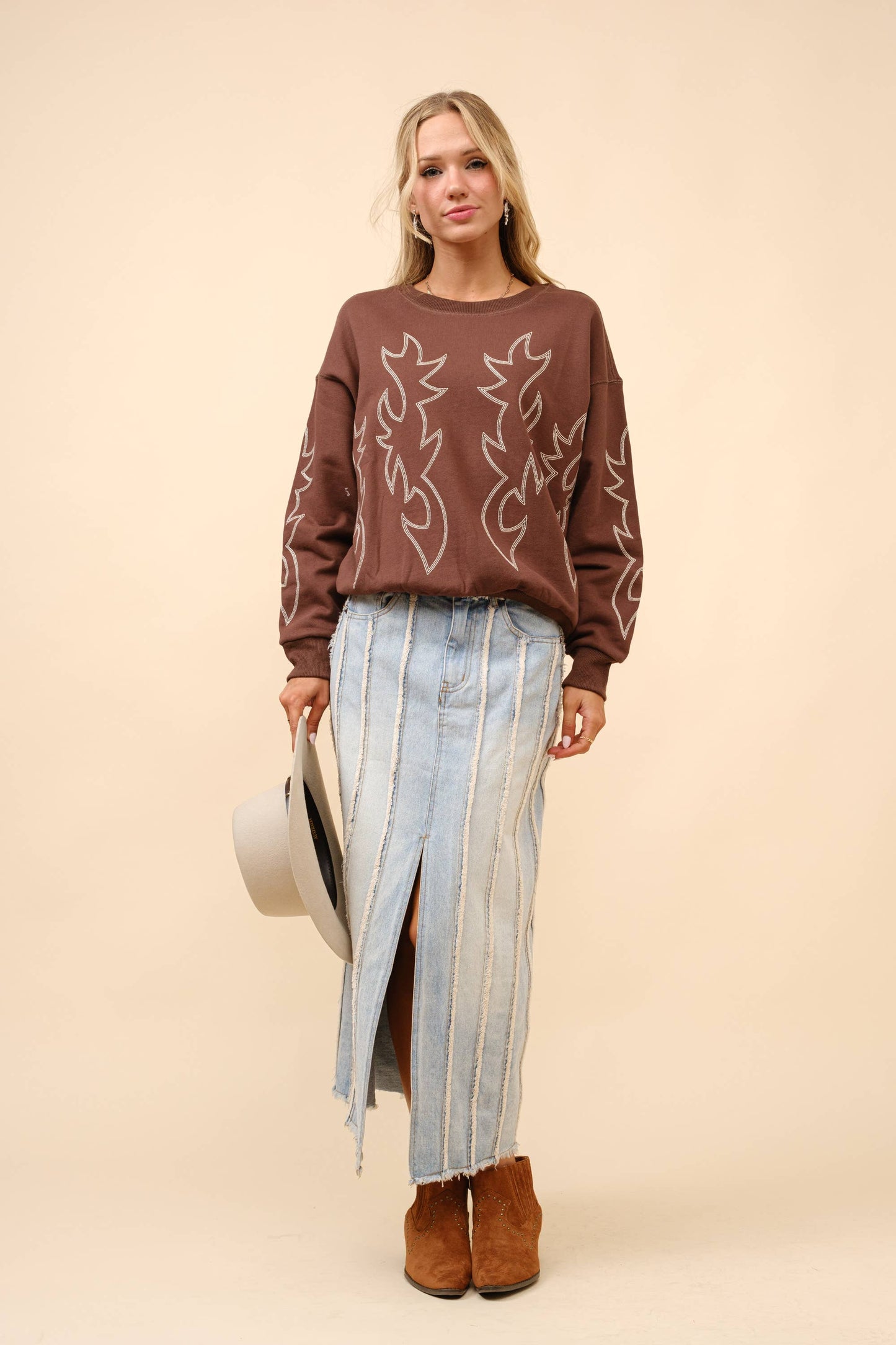 Western Boots Stitch Pullover Sweatshirt: Brown