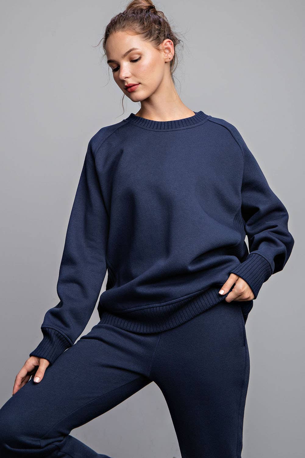 Ribbed French Terry Crewneck- Navy