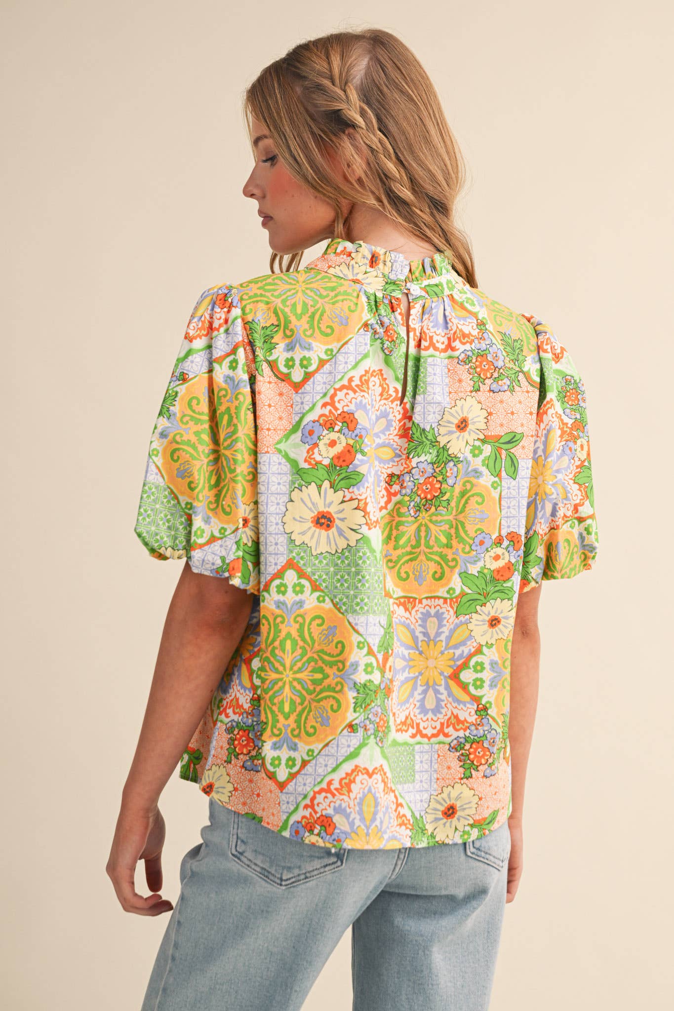 Floral Print Embroidery Trim Top : Sage Multi Paisley