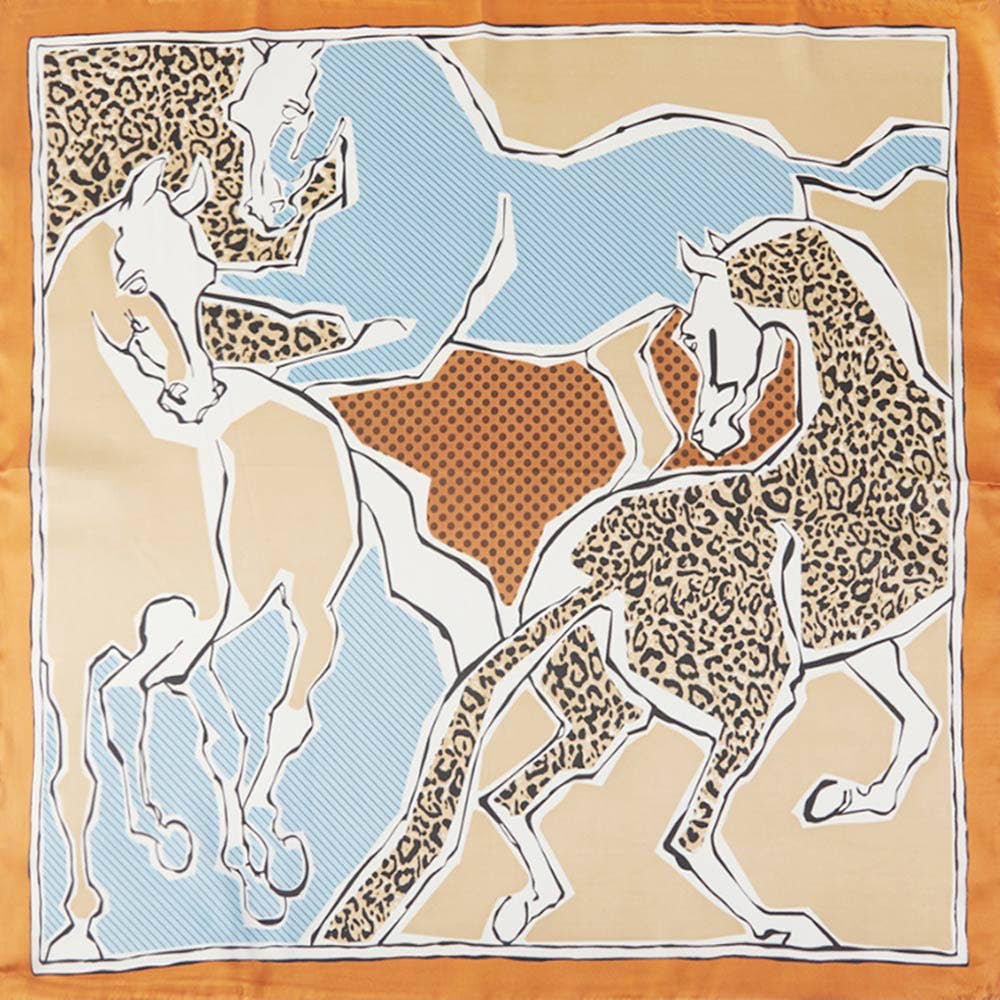 Pop Art Horse and Leopard Printed Square Silky Satin Bandana Scarf: Orange