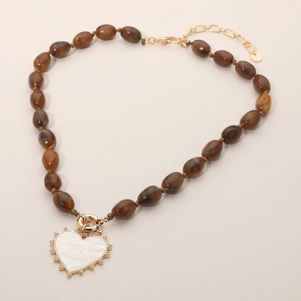 Pearl Heart Pendant Marbled Resin Oval Beaded Necklace: Brown