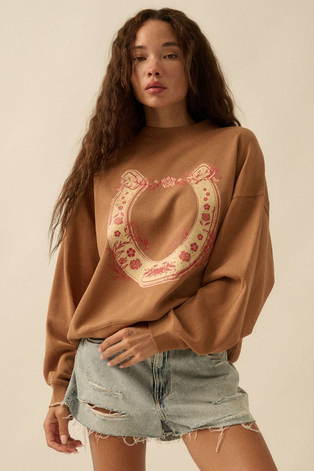 Floral Horseshoe Oversize Thermal Graphic Top