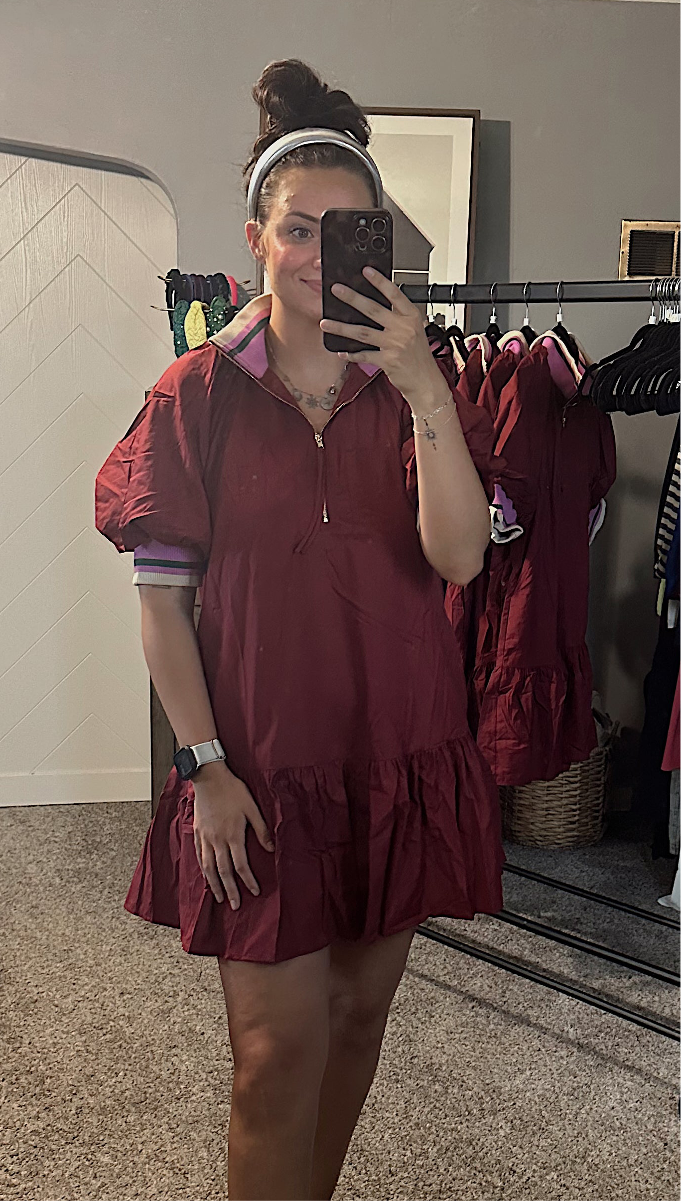 Solid Puff Sleeve Ruffle Hem Mini Dress