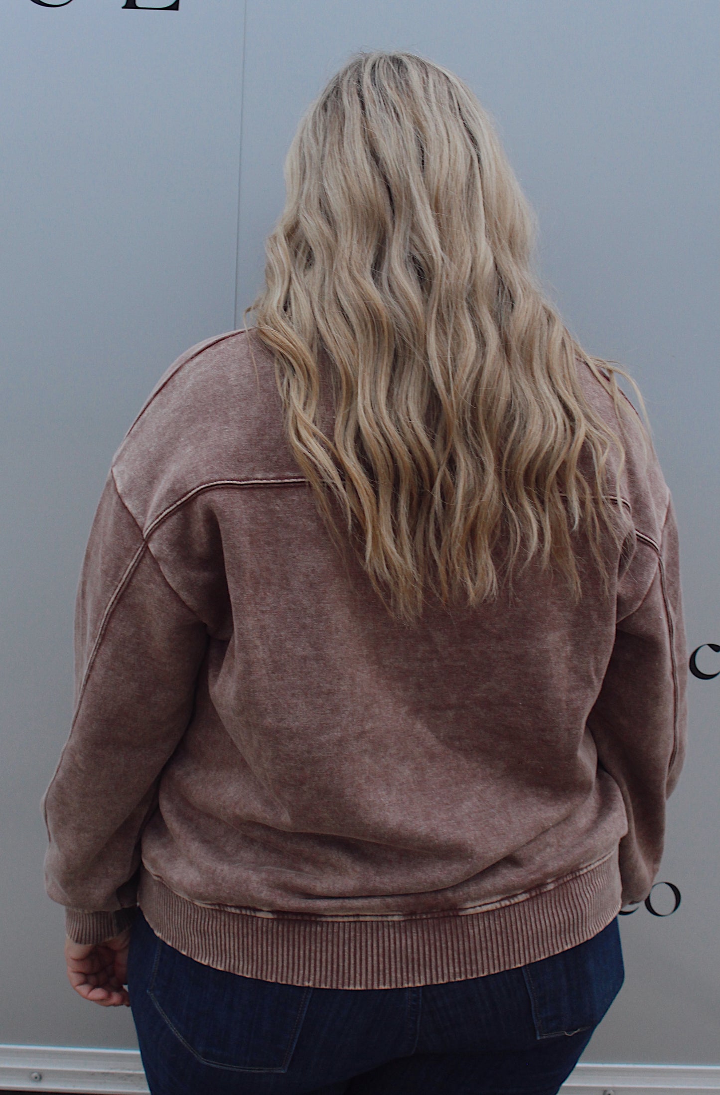 Acid Wash Fleece Half Zip Pullover - Brown (PLUS SIZE)