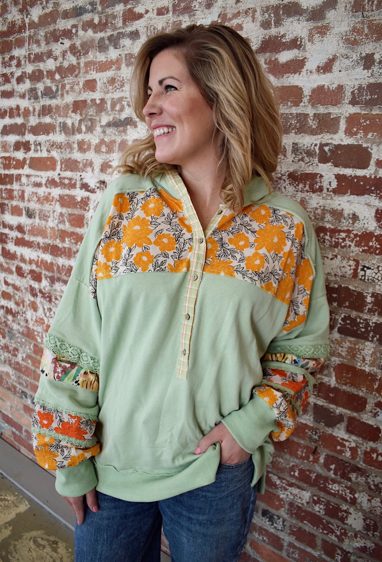 Remi Print Mix Button Hoodie (Plus Size)