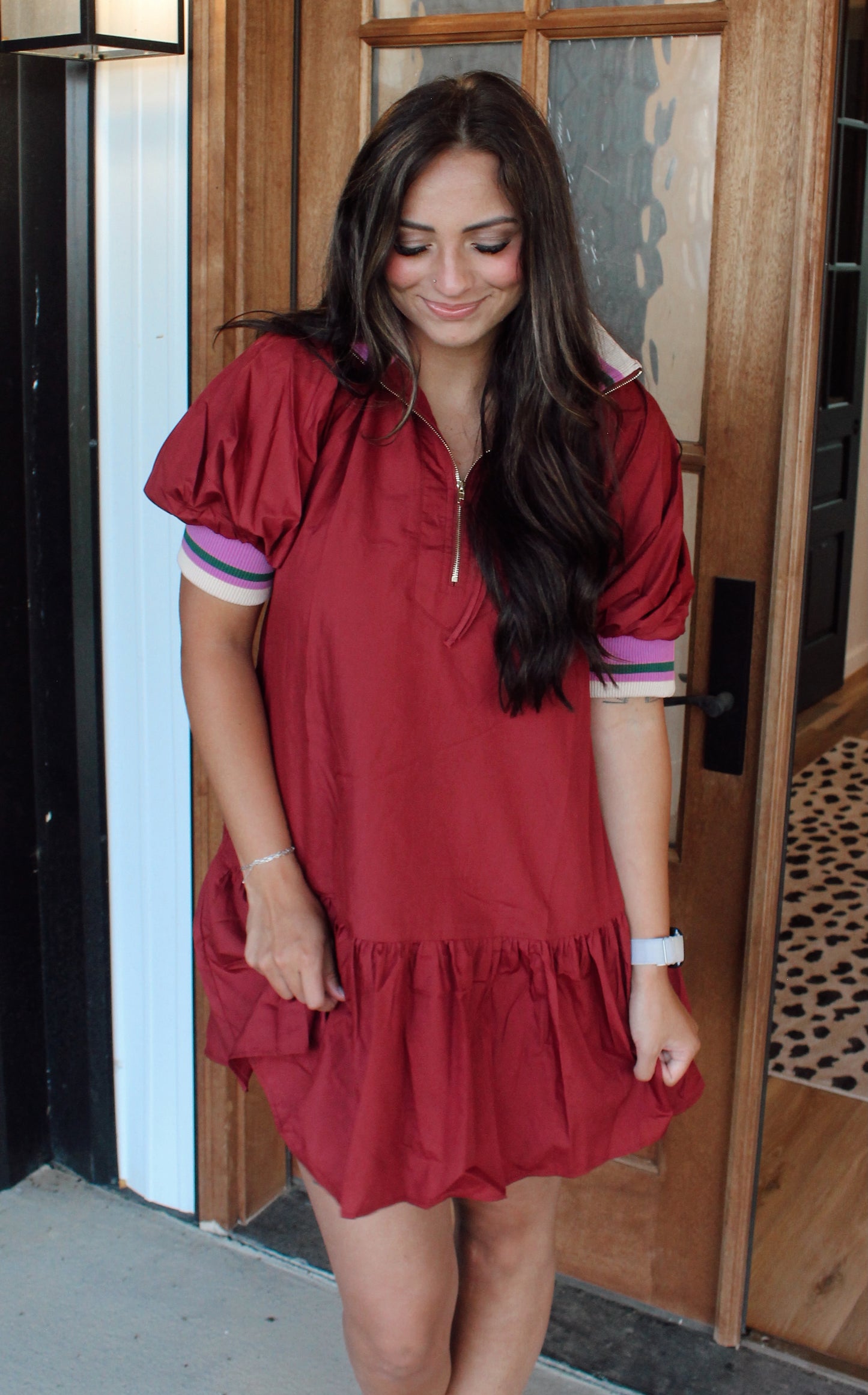 Solid Puff Sleeve Ruffle Hem Mini Dress
