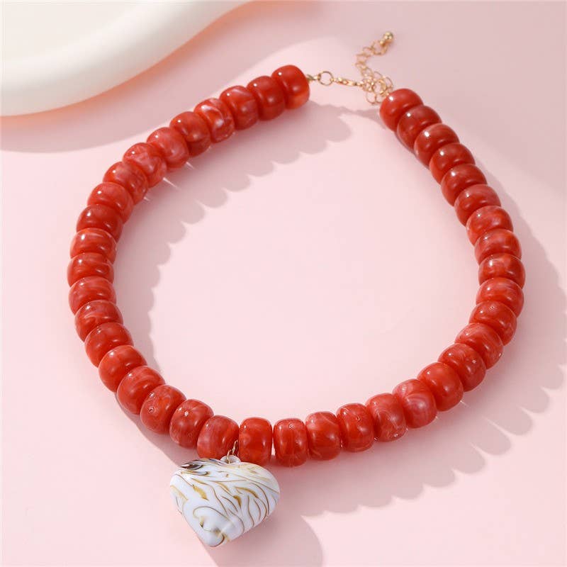 Heart Pendant Resin Beaded Necklace