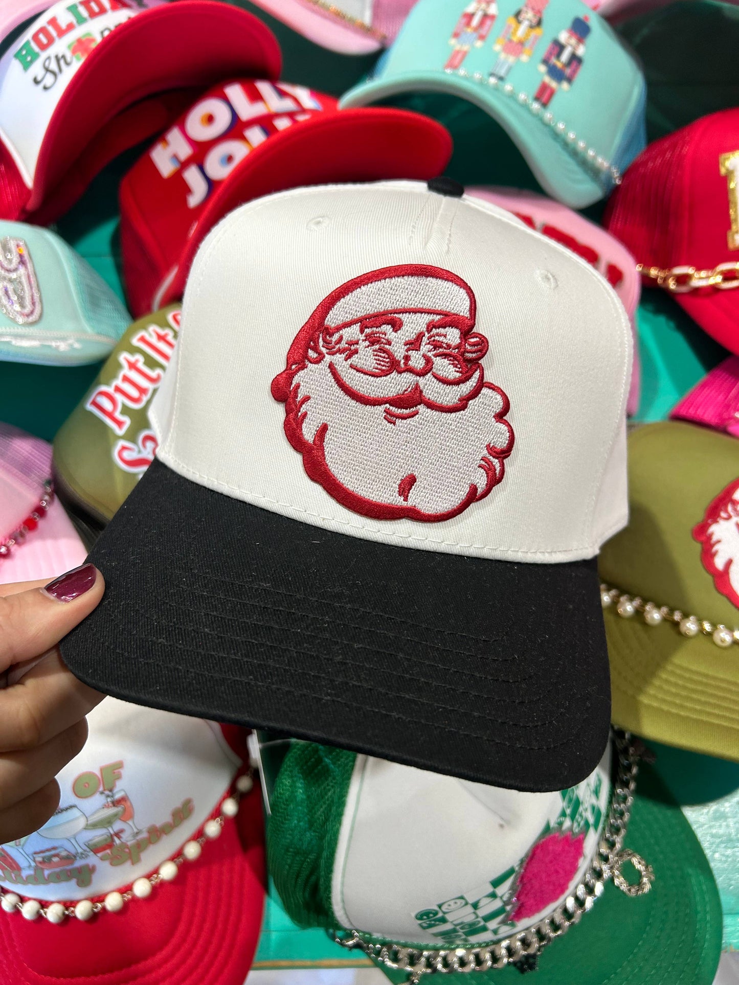 Santa Face Trucker Hat | Olive Foam Trucker