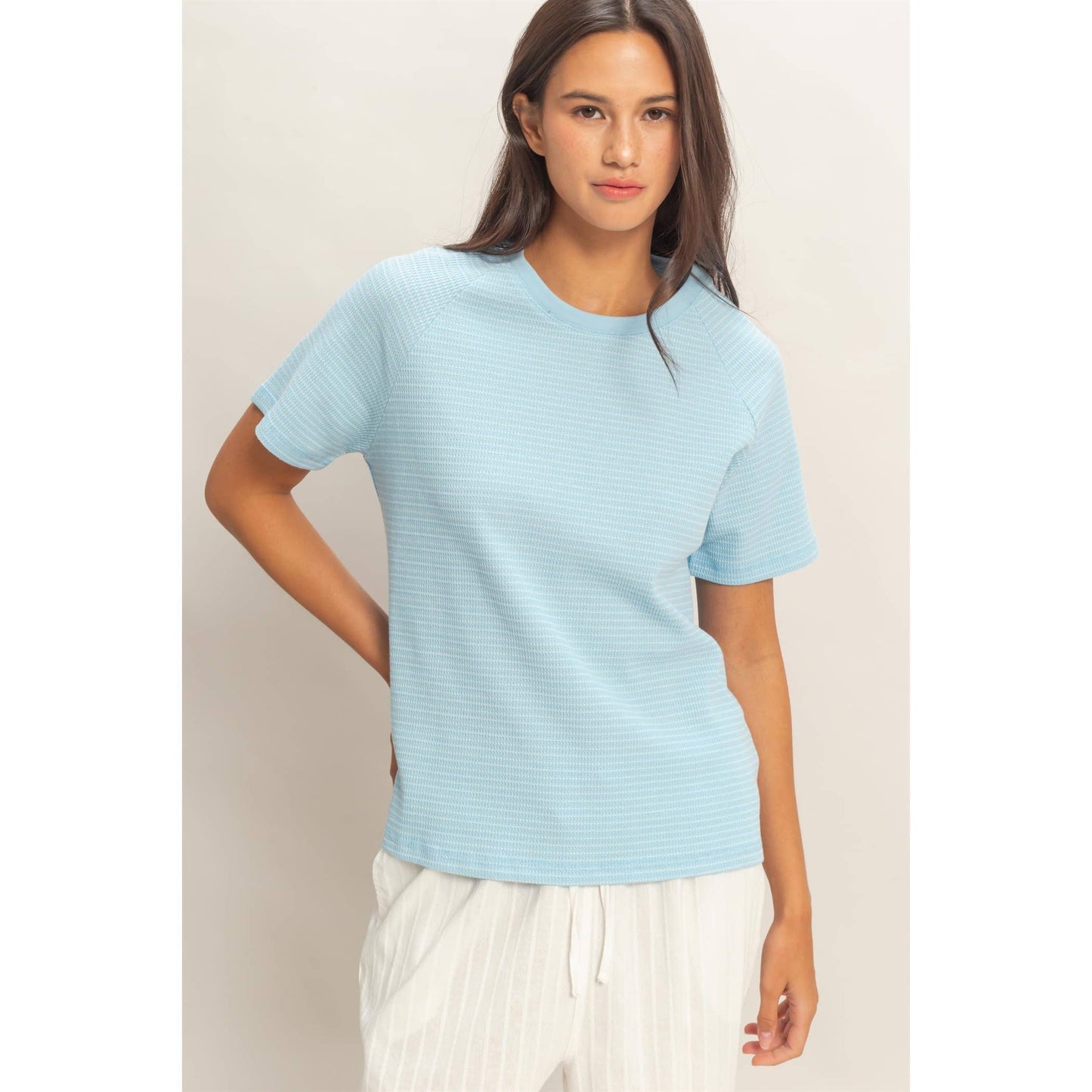 Textured Striped Sleeve Tee: Baby Blue