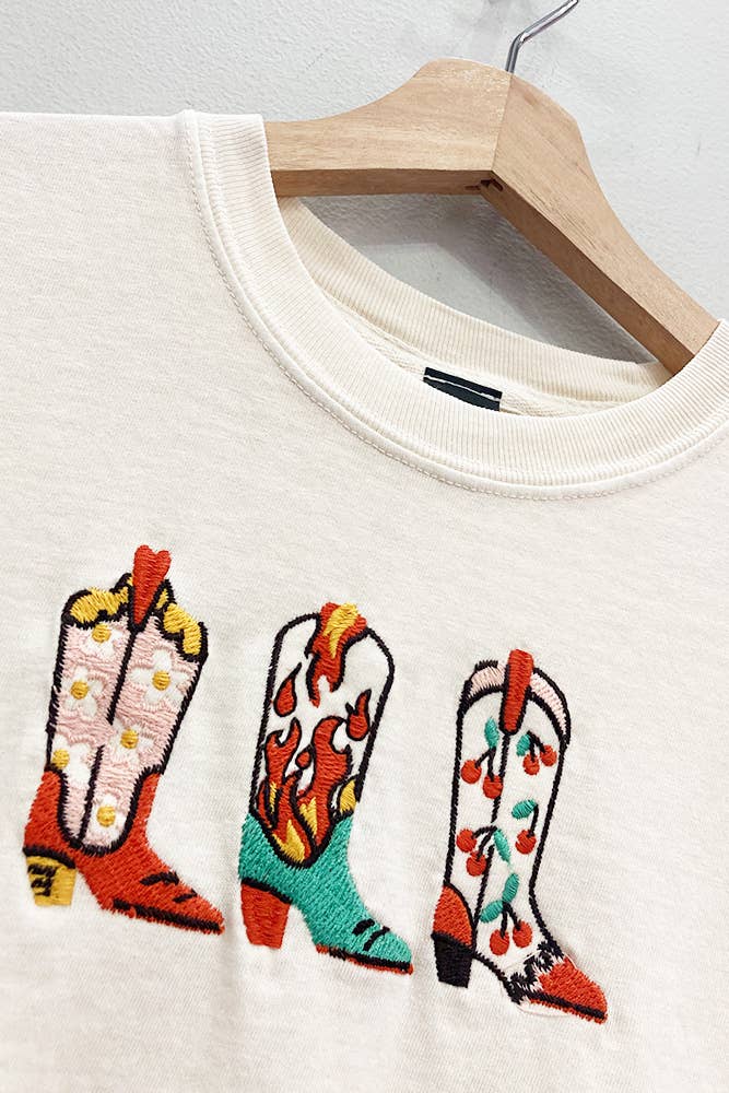 Embroidered Western Boots Cropped Tee