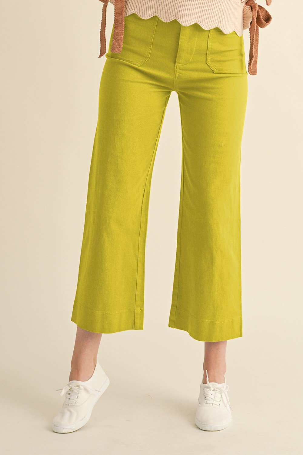 High Waist Cropped Wide Leg Pants : Lime Green