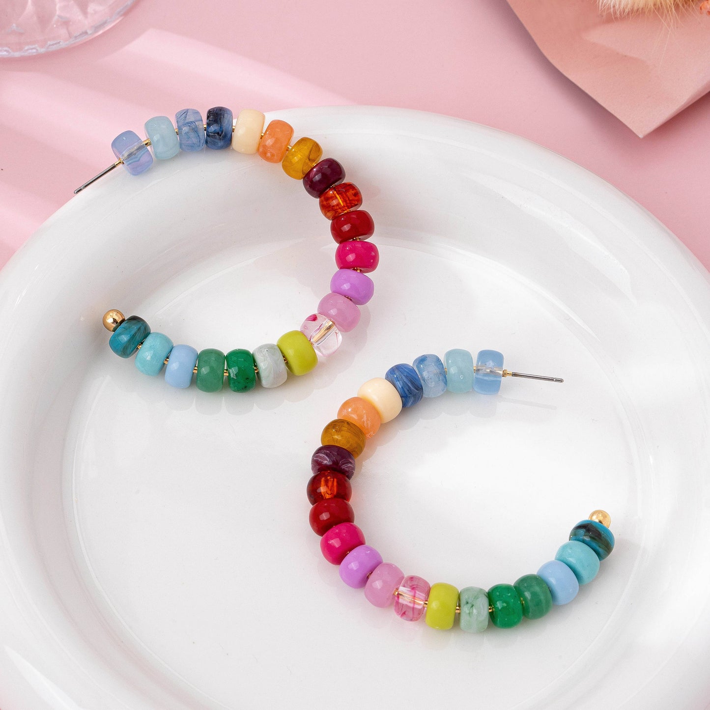 Rainbow Beaded Hoop Earrings