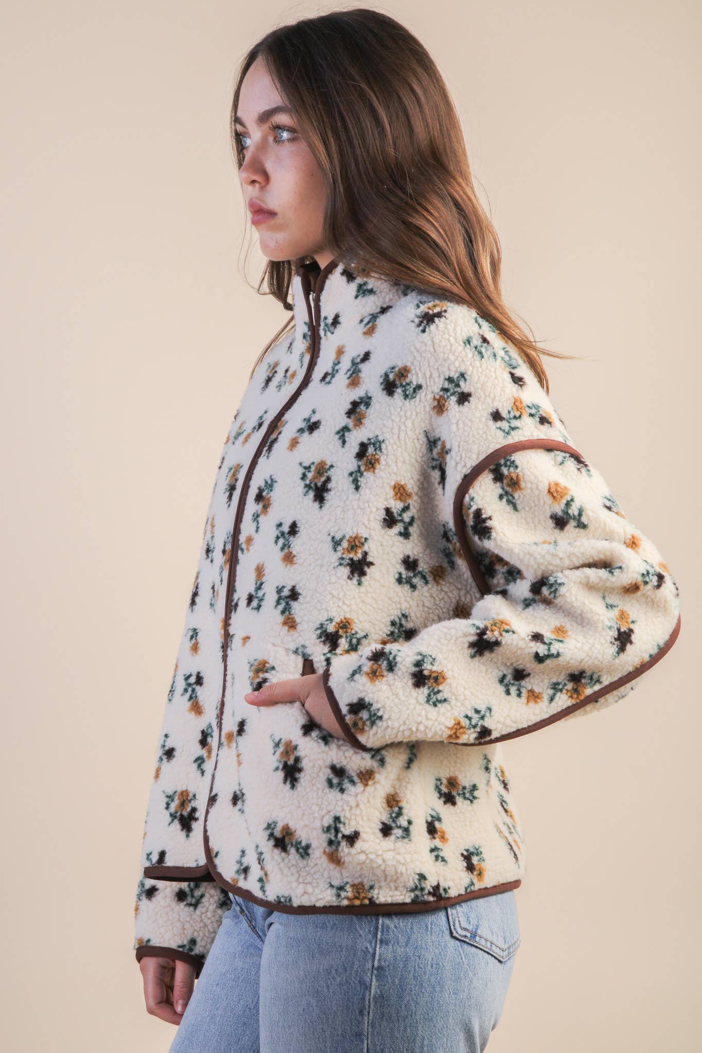 Oversized Floral Printed Casual Fleece Jacket