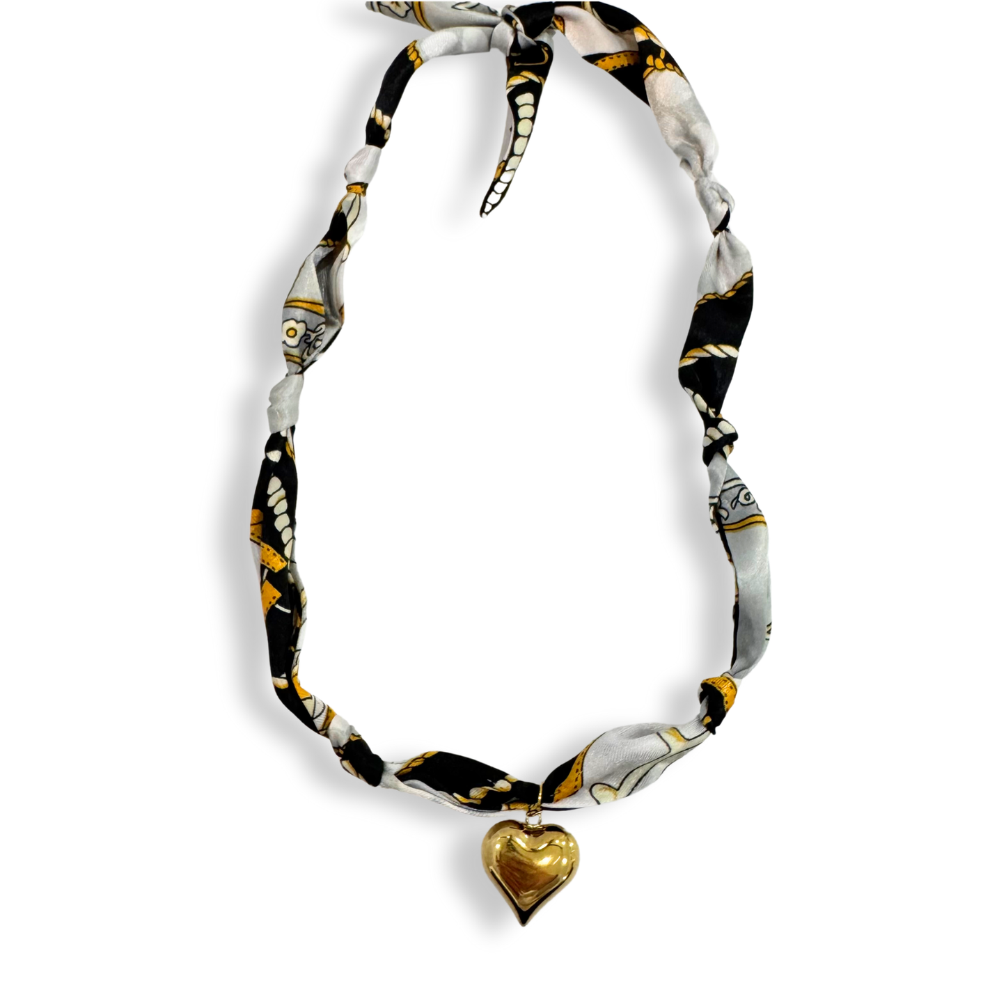 Scarf Bandana Charm Necklace : Heart- Black Gray Scarf