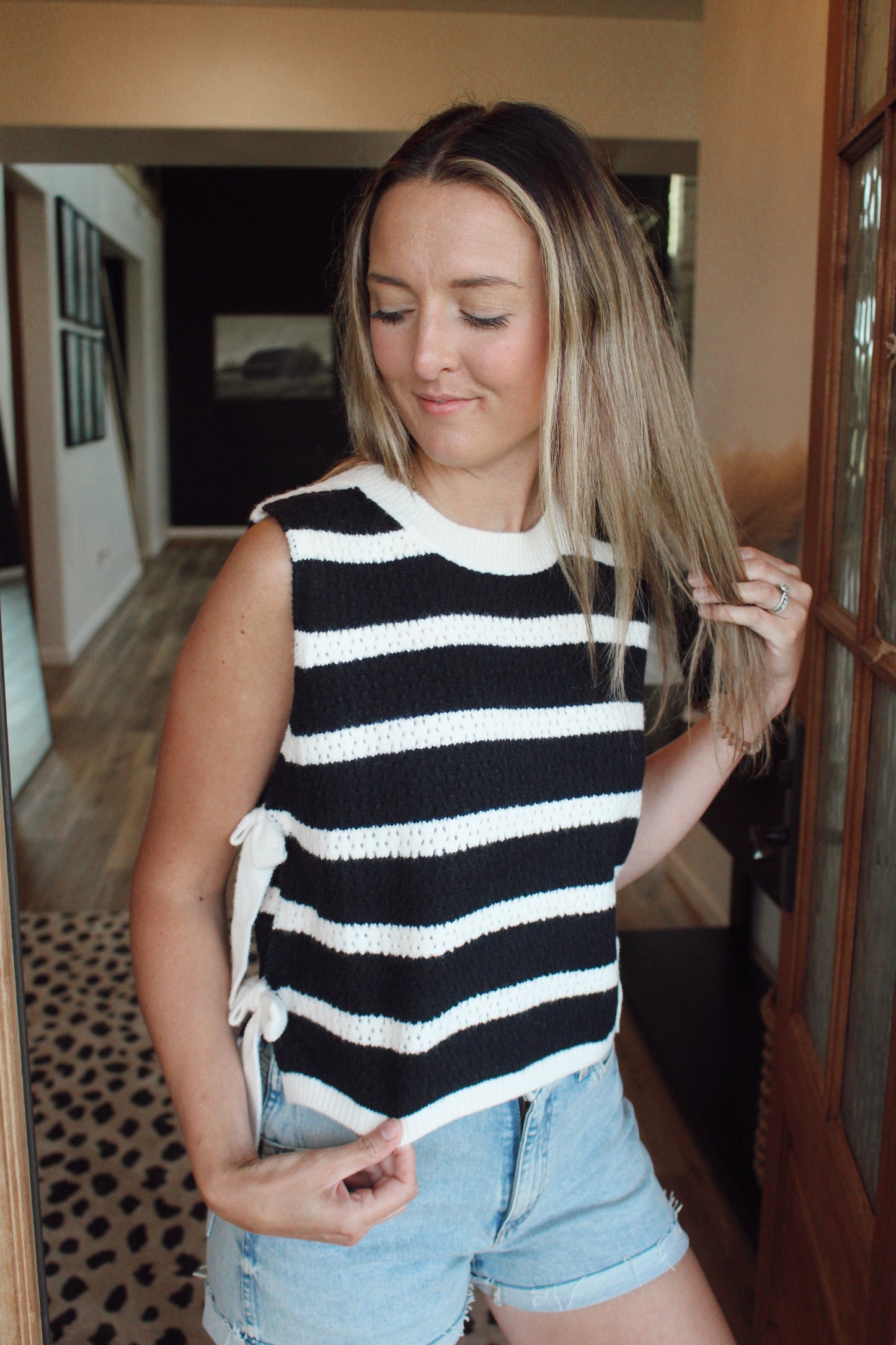 Textured Stripe Side Tied Vest Top (Black)
