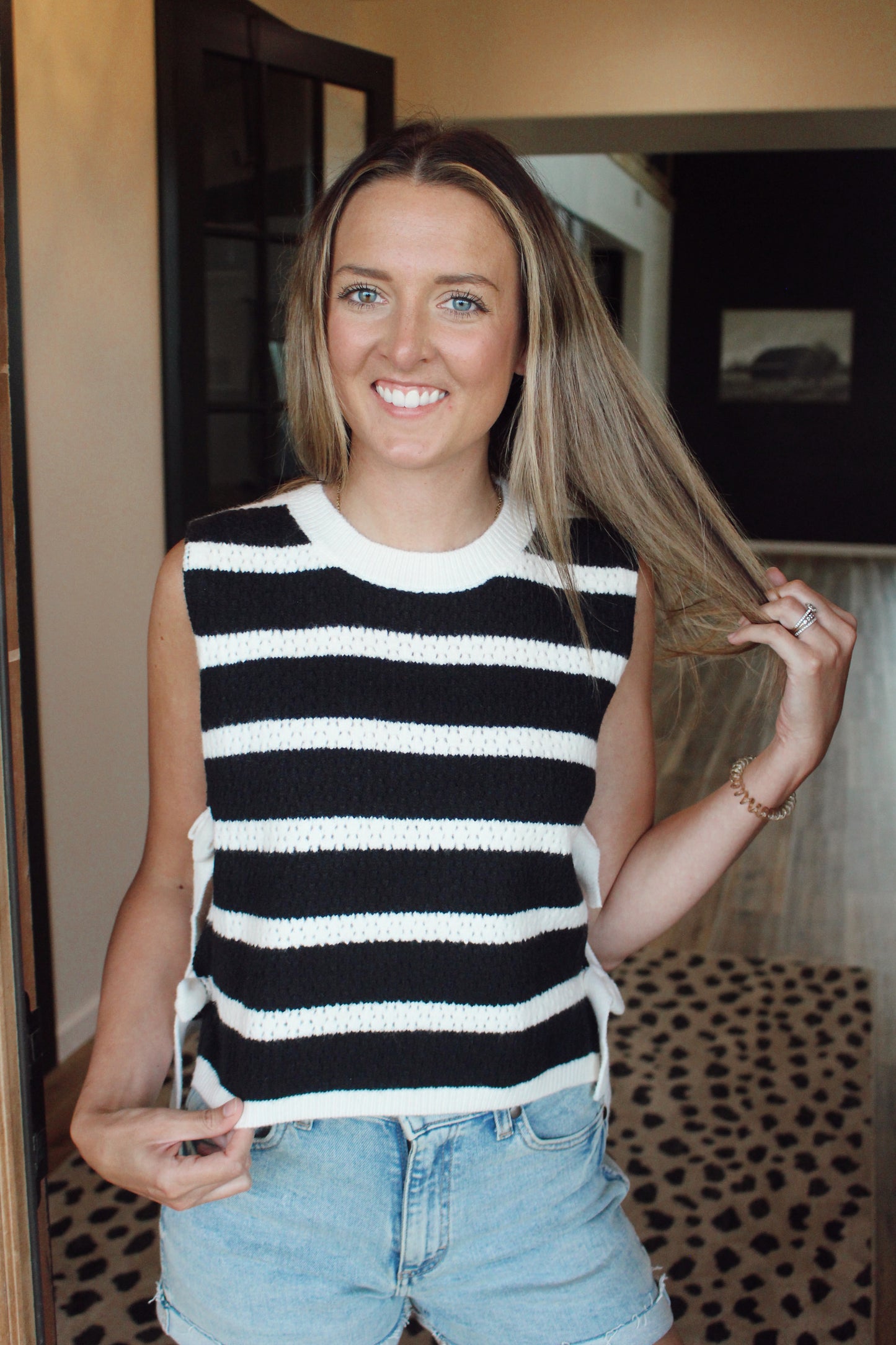 Textured Stripe Side Tied Vest Top (Black)