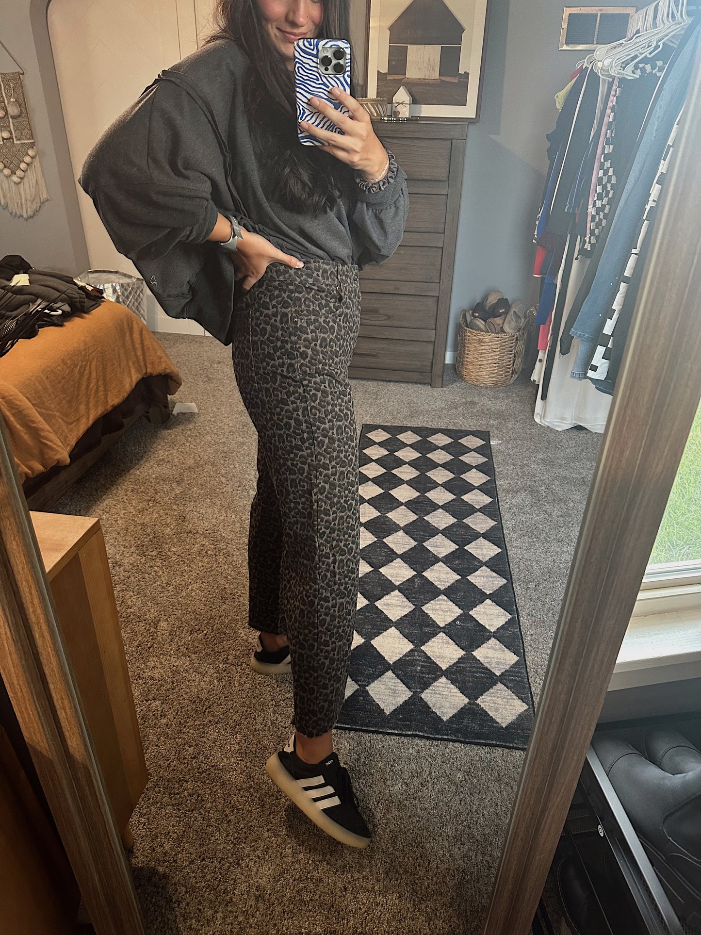 Leopard Printed Marine Straight Pants: Grey