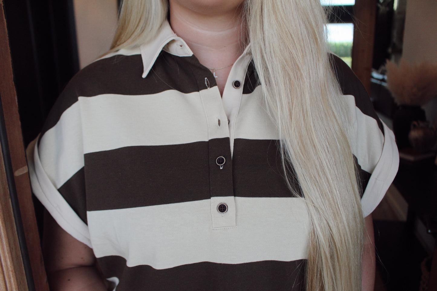 Wide Stripe Buttoned Collared Top