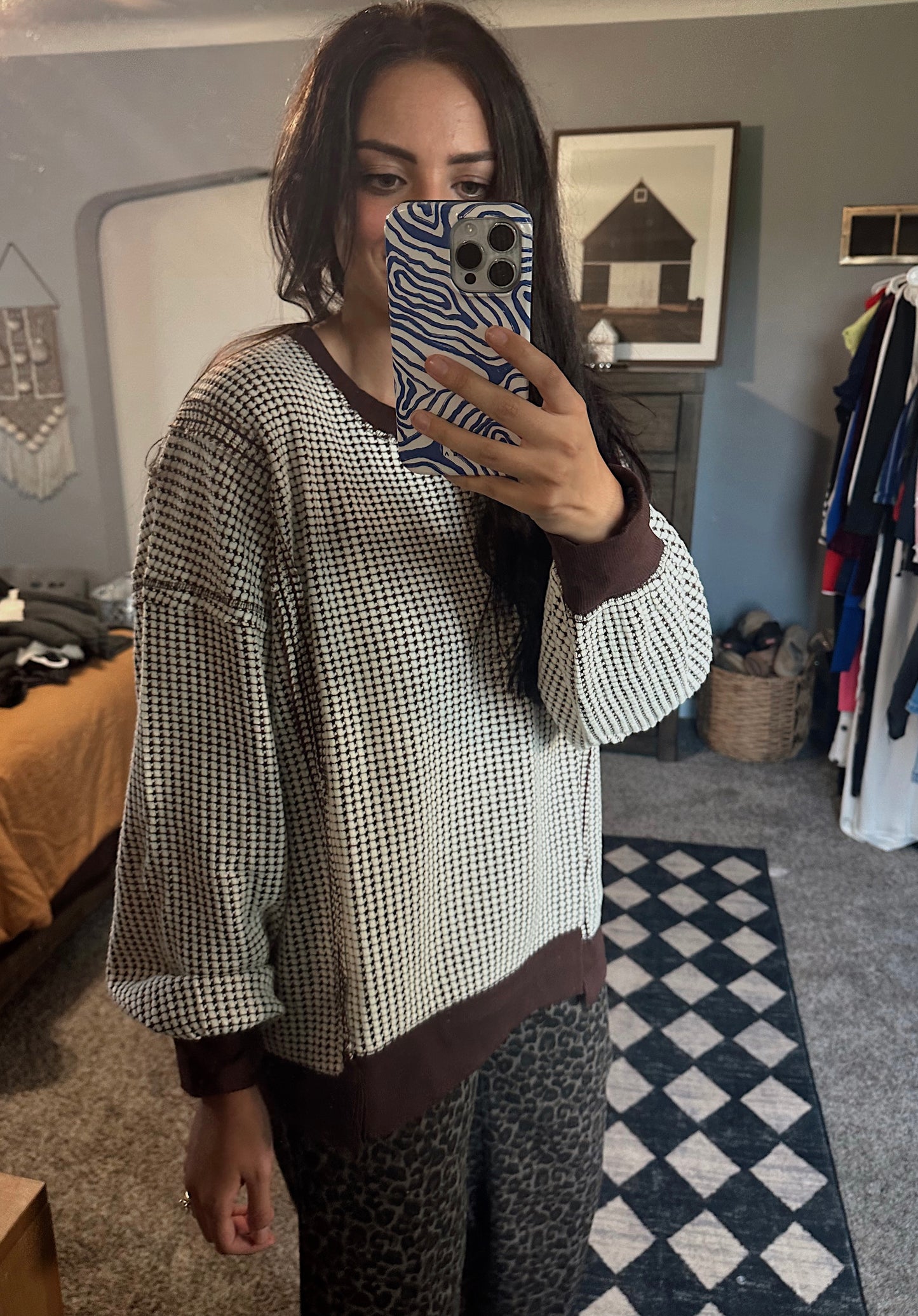 Oversized Waffle Knit Casual Top: Chocolate