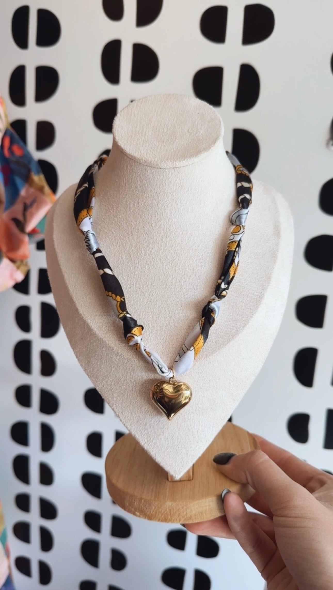 Scarf Bandana Charm Necklace : Heart- Black Gray Scarf