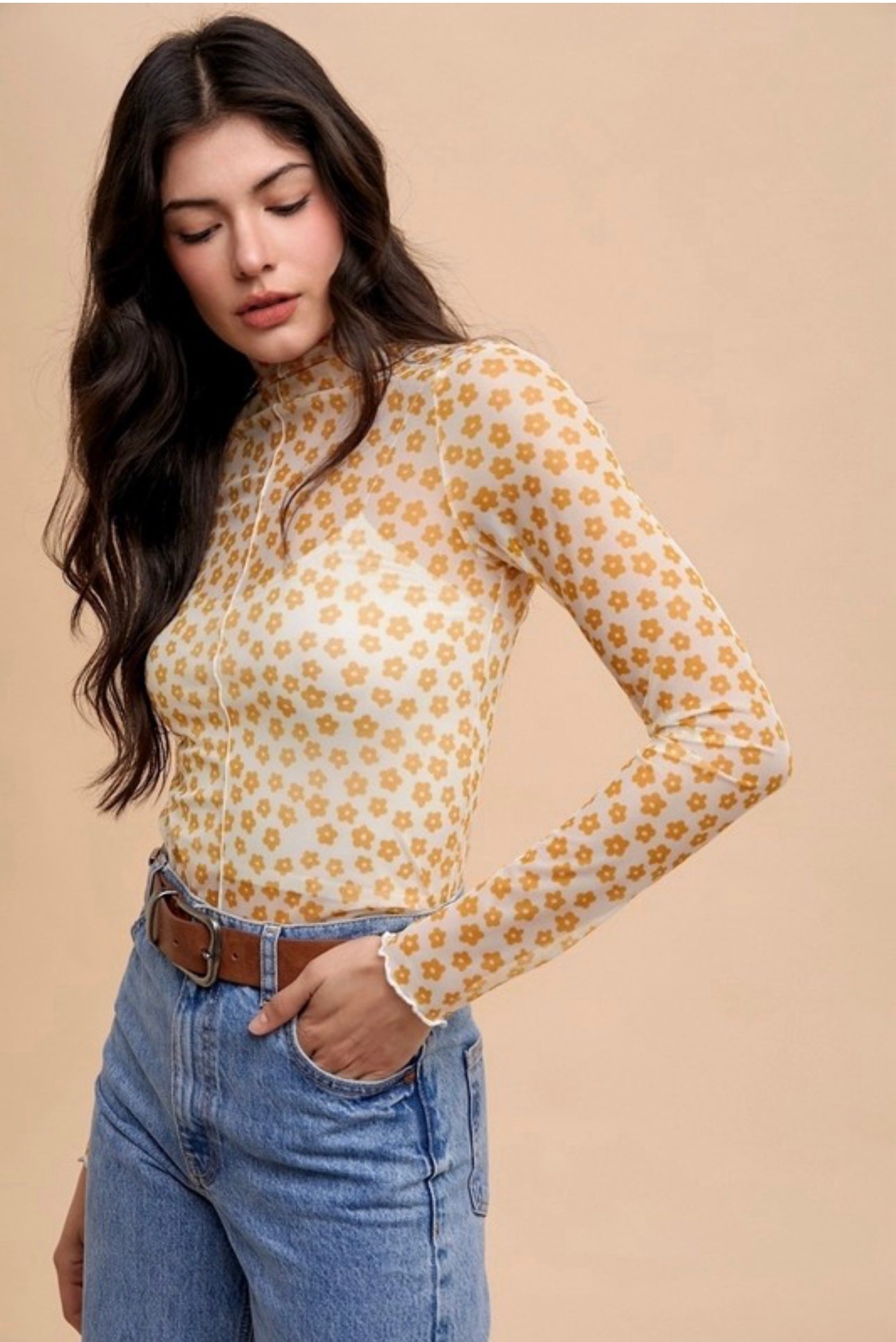 Floral Mesh Mock Neck Top- Golden