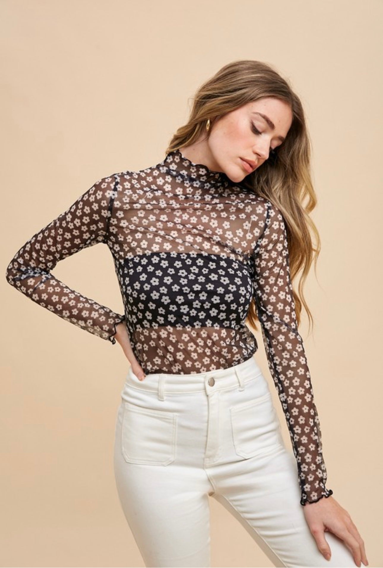 Floral Mesh Mock Neck Top- Black