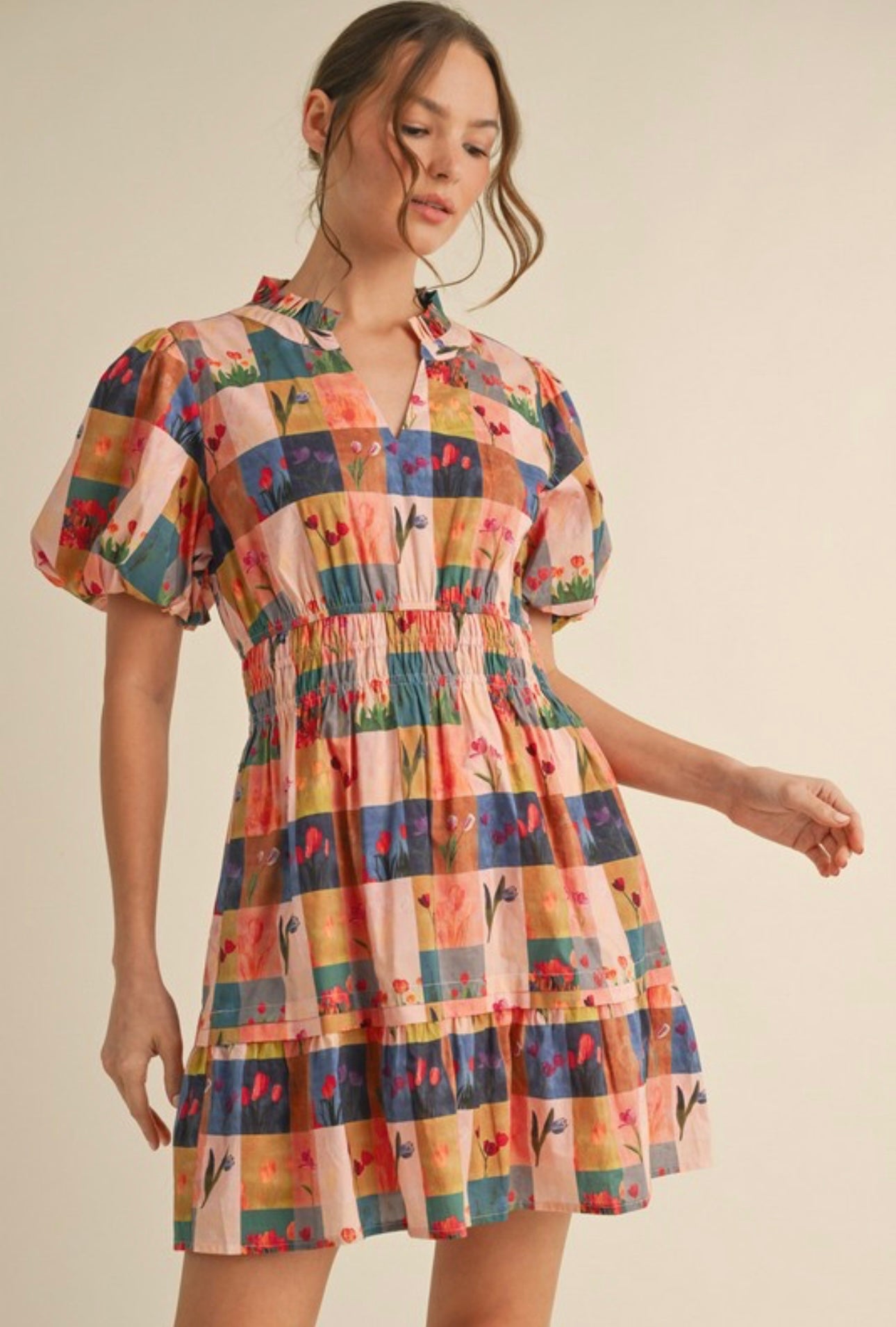 Ella Mixed Print Puffed Dress