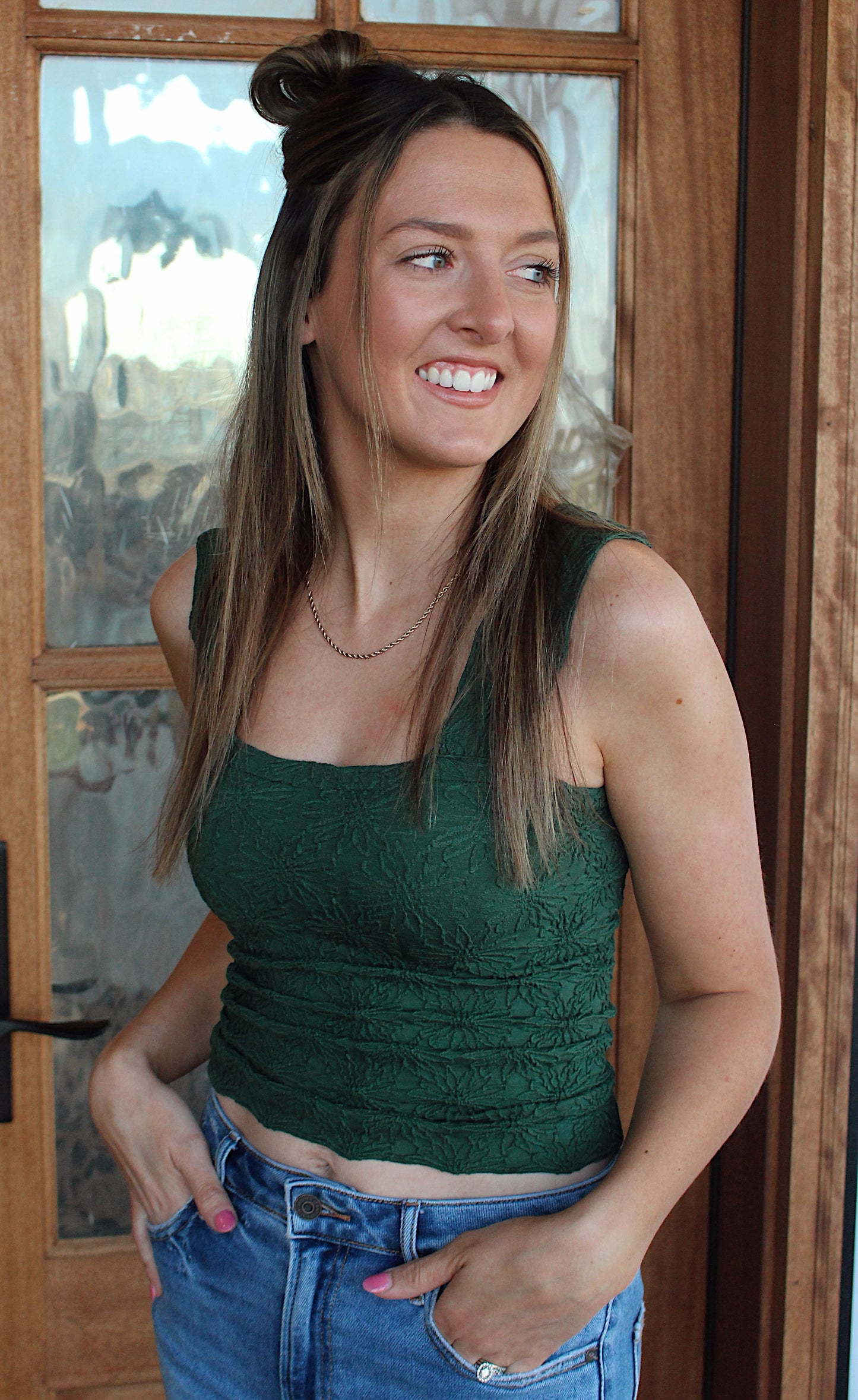 Adele Floral Seamless Tank Top- Hunter Green