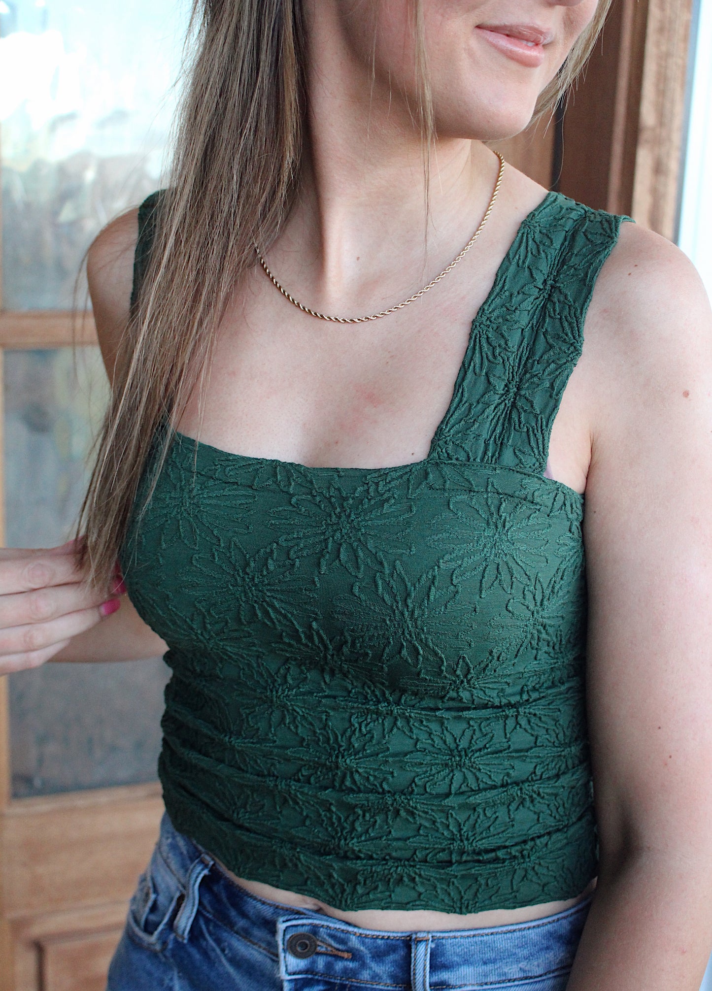 Adele Floral Seamless Tank Top- Hunter Green