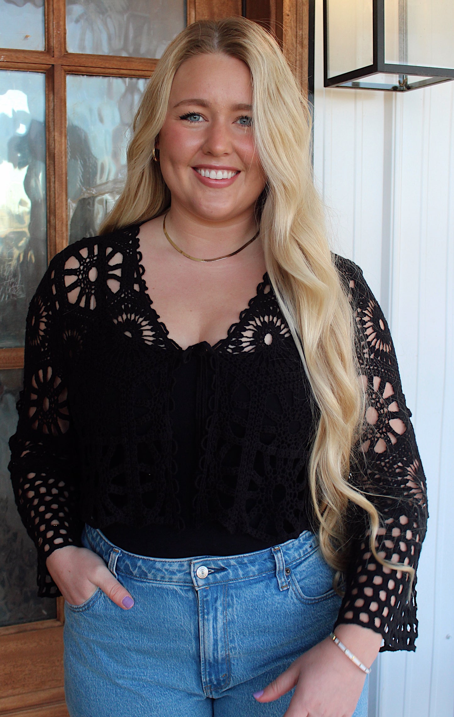 Floral Pattern Crochet Knit Cardigan-Black