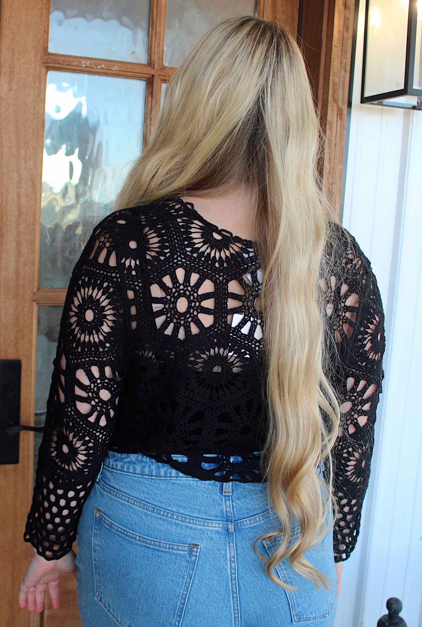 Floral Pattern Crochet Knit Cardigan-Black