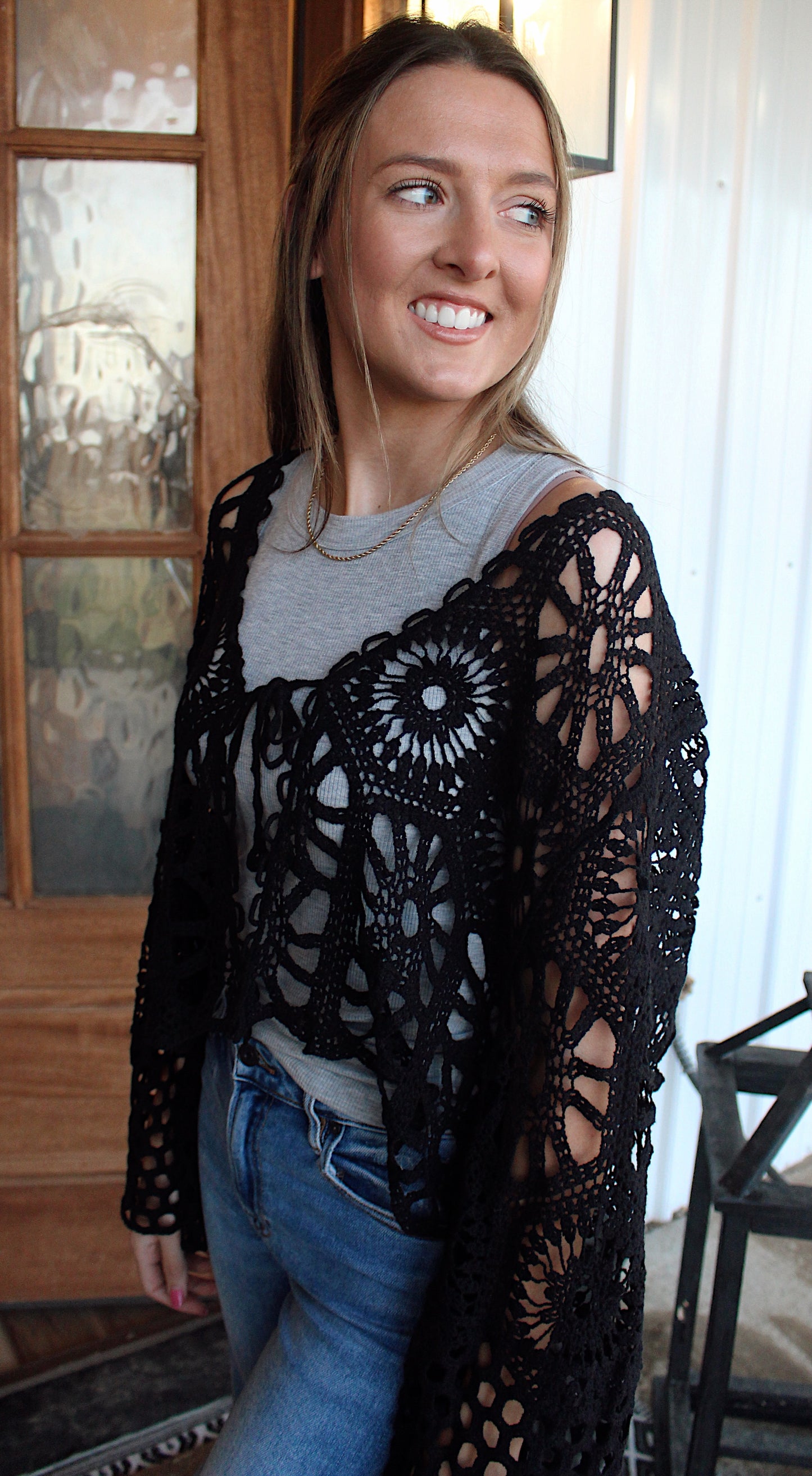 Floral Pattern Crochet Knit Cardigan-Black