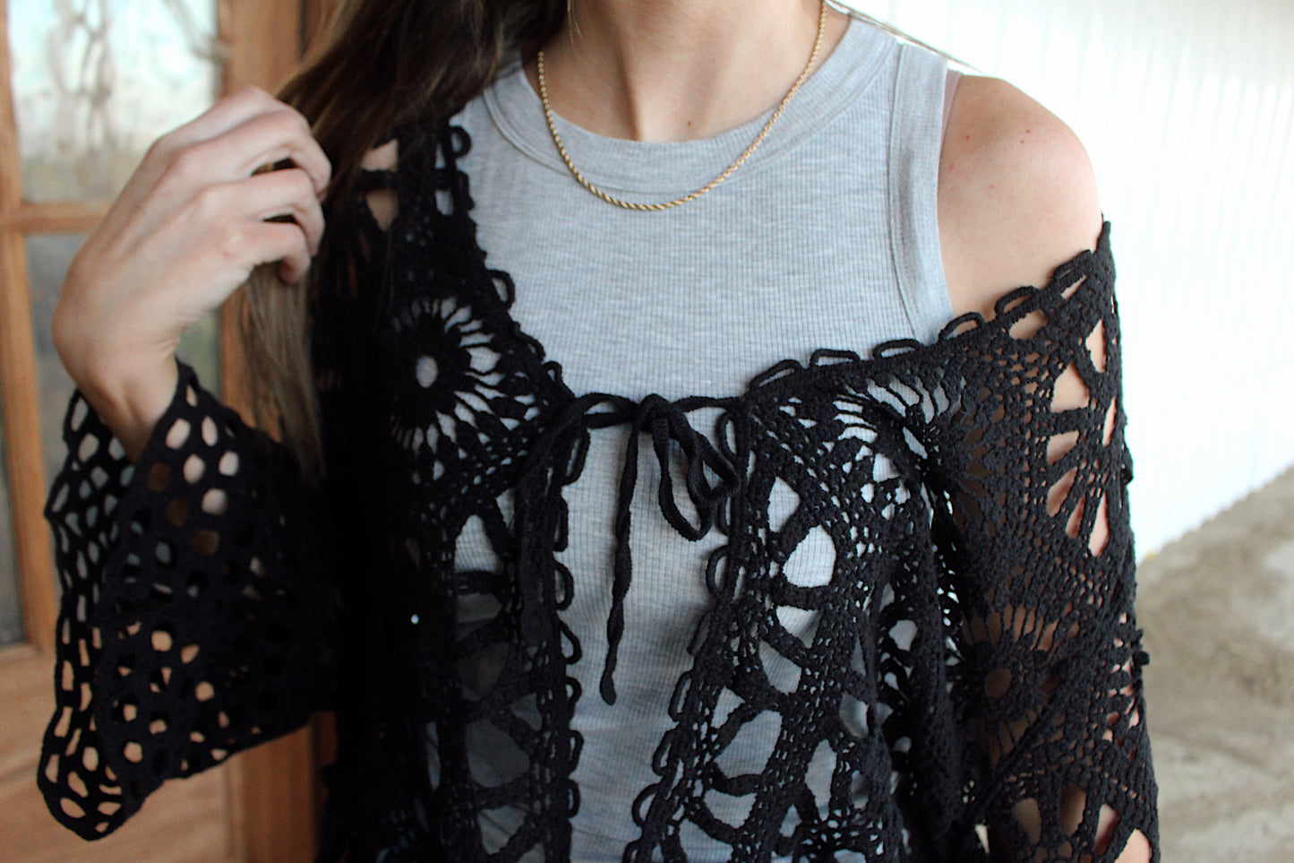 Floral Pattern Crochet Knit Cardigan-Black