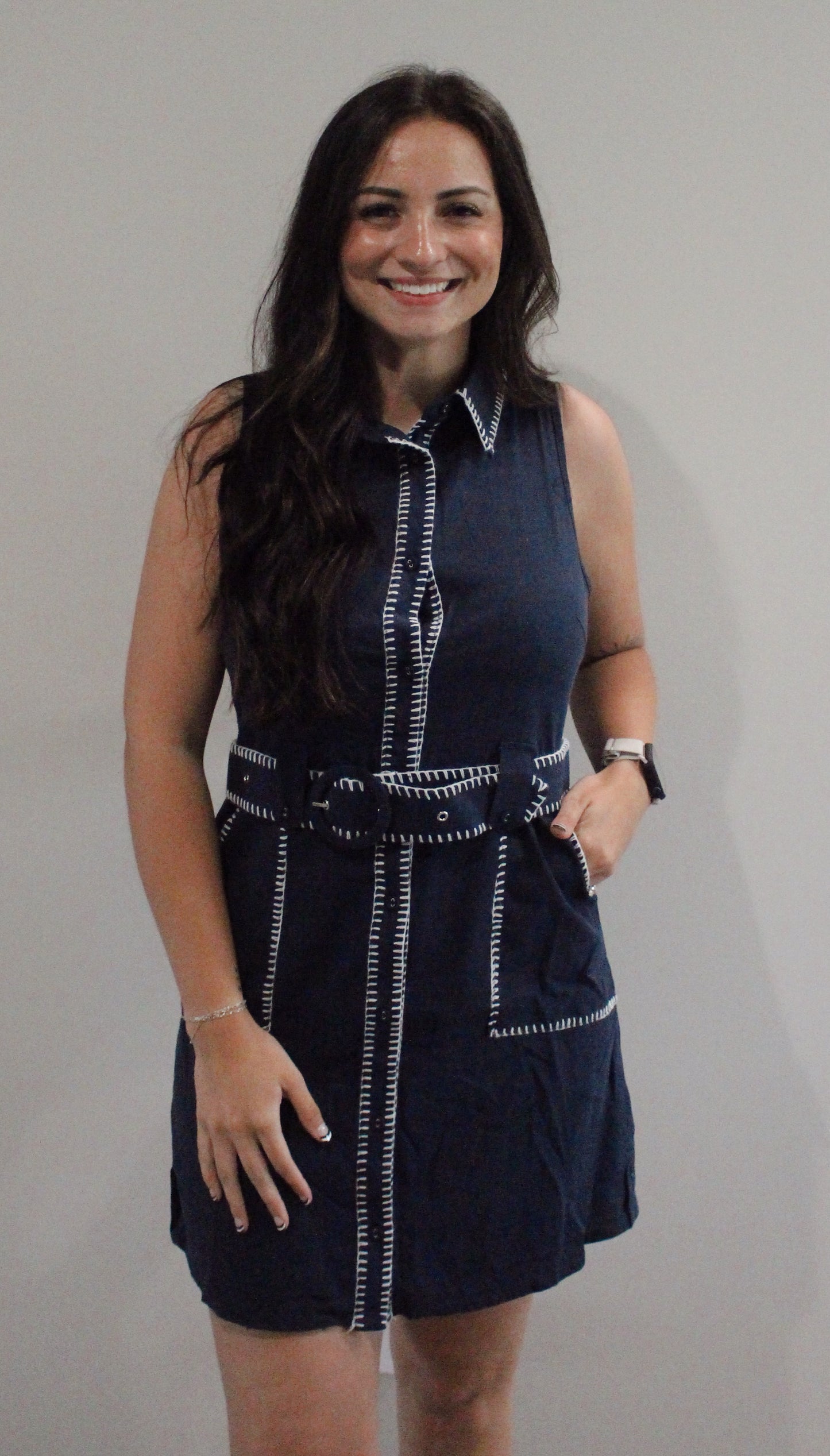 Navy Whisper Stitch Collared Mini Dress W/ Belt