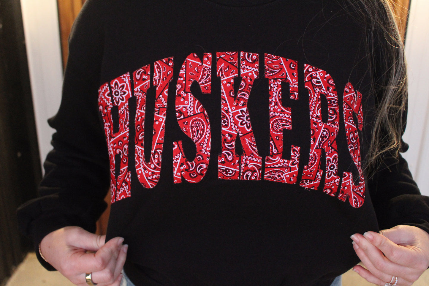 Bandana Huskers Black Crop Crew